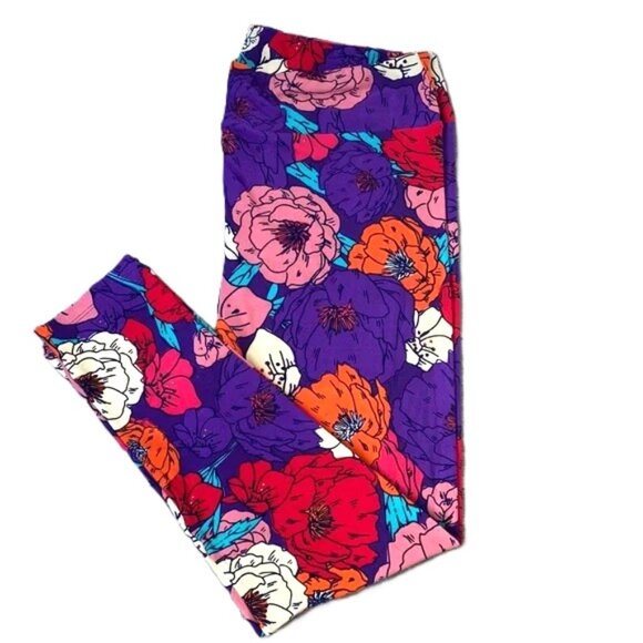 LuLaRoe TC2 Leggings Vibrant Floral Large Flowers Purple Pink Orange Red White - Picture 1 of 2